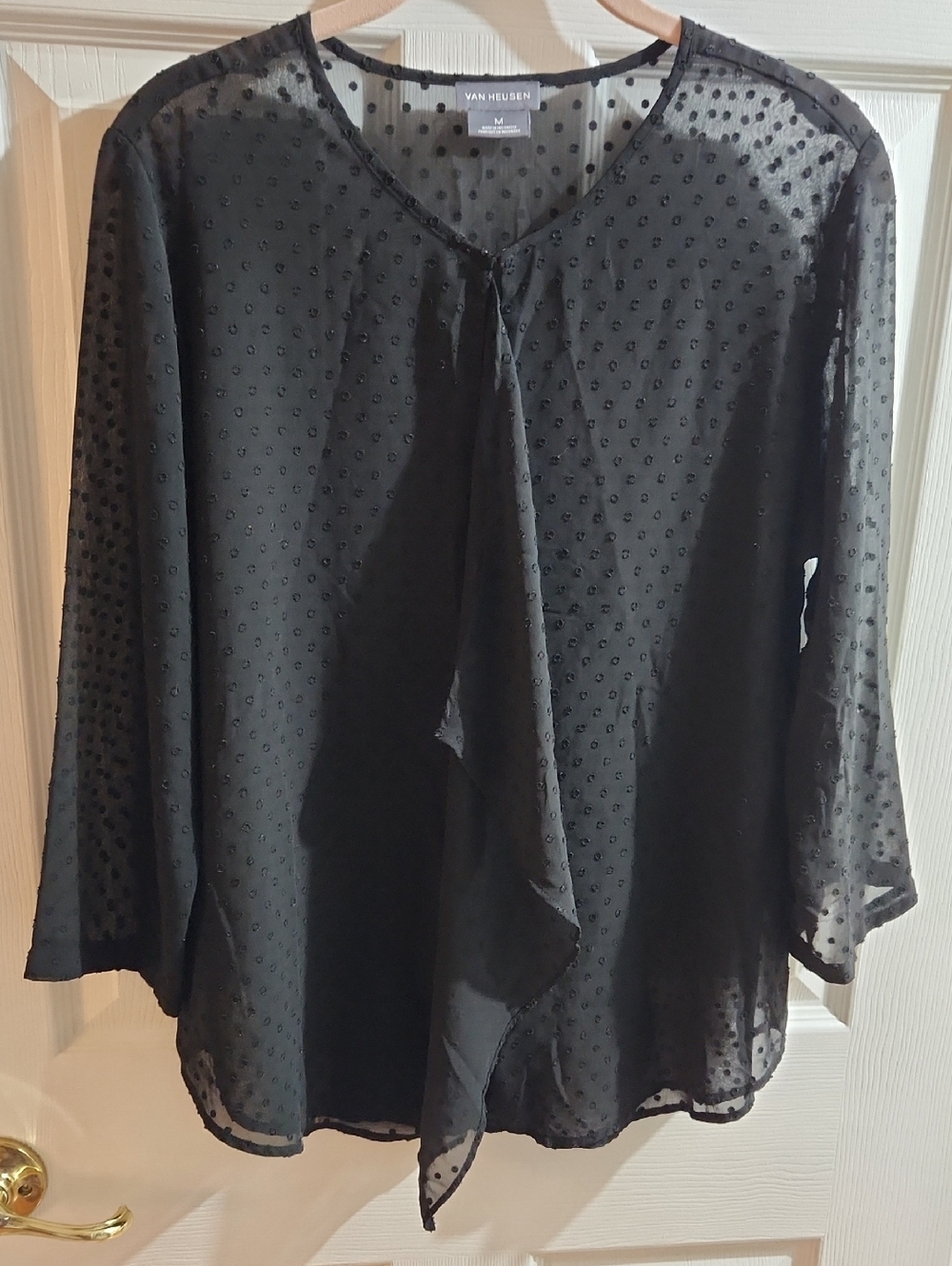 VAN HEUSEN SHEER BLACK BLOUSE / TOP WITH BLACK DOTS. SIZE MED. 3/ 4 SLEEVE